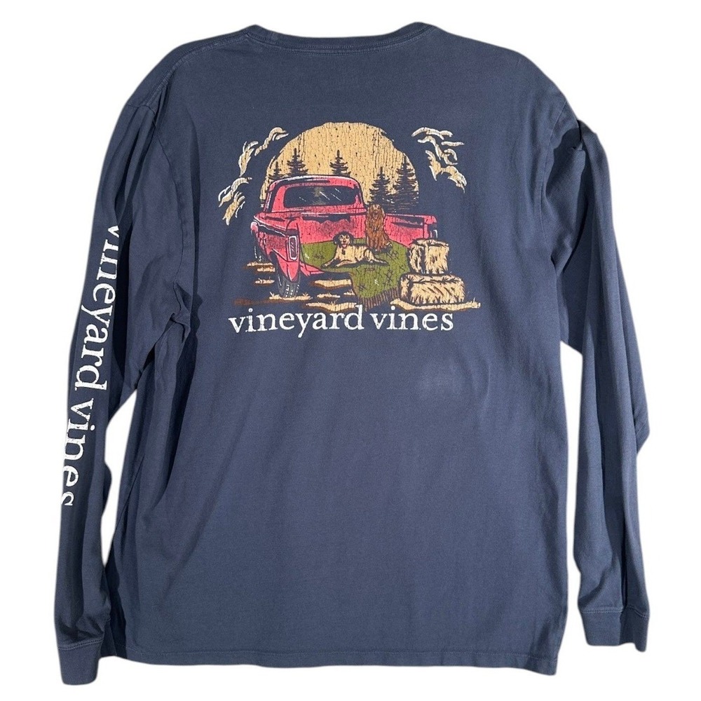 Vineyard Vines Long Sleeve T-Shirt Mens Large Blue Truck Dog Graphic Pocket Tee